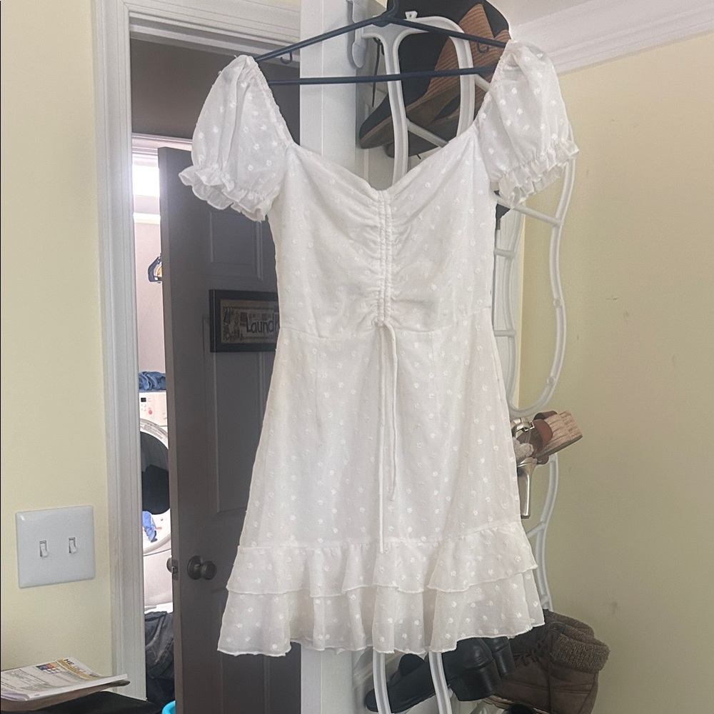 White Swiss Dot Puff Sleeve Mini Dress
